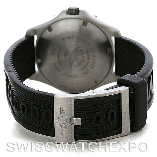 The image shows the back view of a Breitling Colt A64050 Men's Stainless Steel Black Dial A64050 Men's Stainless Steel Black Dial watch, highlighting its case back, black rubber strap, and buckle.