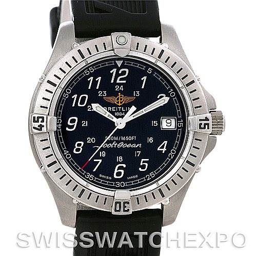 The Breitling Colt A64050 Men's Stainless Steel Black Dial A64050 Men's Stainless Steel Black Dial watch is shown from a front angle, displaying the face, bezel, hands, and part of the strap.