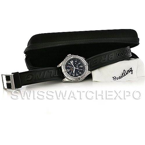 The Breitling Colt A64050 Men's Stainless Steel Black Dial A64050 Men's Stainless Steel Black Dial watch is shown at an angle with its strap partially open, alongside its branded case and packaging.