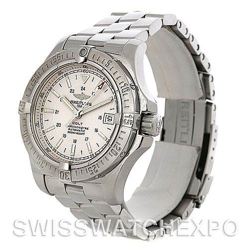 The Breitling Colt A17380 Men's Stainless Steel White Dial A17380 Men's Stainless Steel White Dial watch is shown at a three-quarter angle, displaying its dial, bezel, crown, and bracelet.