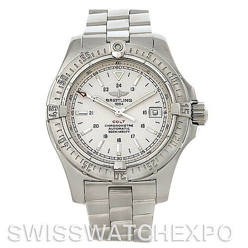 The image shows a Breitling Colt A17380 Men's Stainless Steel White Dial A17380 Men's Stainless Steel White Dial Chronometer Automatic watch from a front angle, displaying its face, bezel, crown, and metal bracelet.