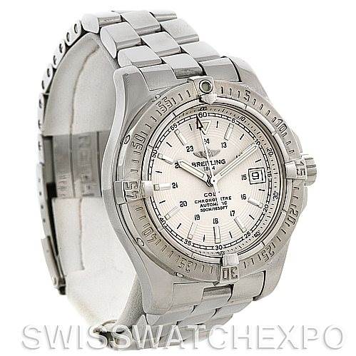 The image shows a side and front view of the Breitling Colt A17380 Men's Stainless Steel White Dial A17380 Men's Stainless Steel White Dial watch, showcasing its dial, bezel, and bracelet.