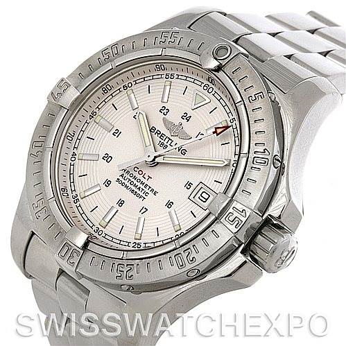 The image shows a front-angle view of the Breitling Colt A17380 Men's Stainless Steel White Dial A17380 Men's Stainless Steel White Dial watch, highlighting the dial, bezel, and part of the bracelet.