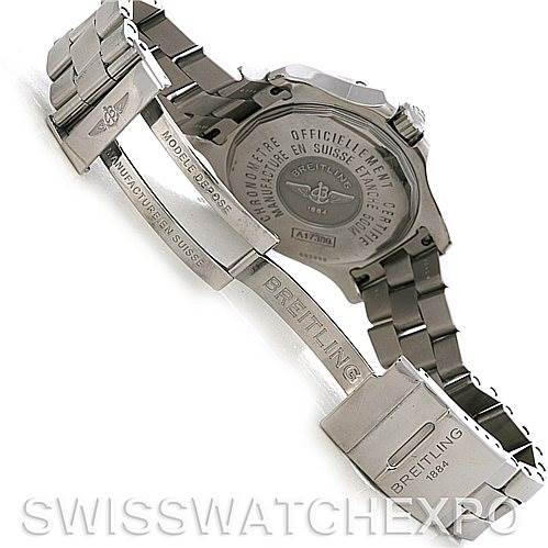 The image shows the backside and clasp of a Breitling Colt A17380 Men's Stainless Steel White Dial A17380 Men's Stainless Steel White Dial watch, highlighting the engraved details and metal bracelet.