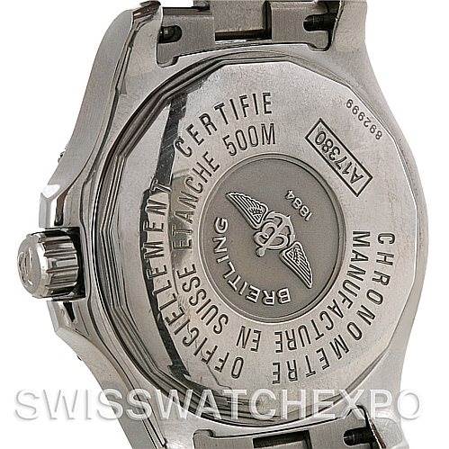 This image shows the back of a Breitling Colt A17380 Men's Stainless Steel White Dial A17380 Men's Stainless Steel White Dial watch, highlighting its engravings and crown from an angled view.