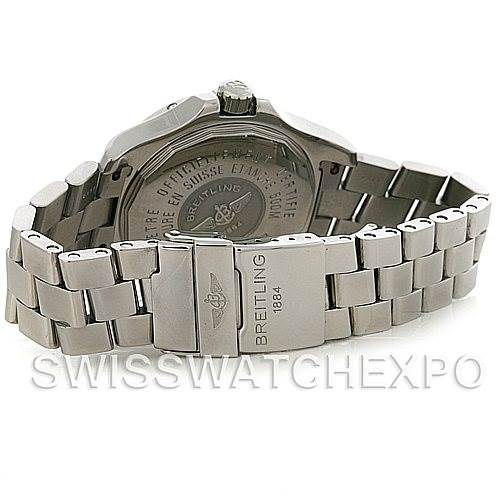 The image shows the back and the stainless steel bracelet of a Breitling Colt A17380 Men's Stainless Steel White Dial A17380 Men's Stainless Steel White Dial watch, highlighting its clasp and case back details.