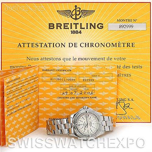 The image shows a Breitling Colt A17380 Men's Stainless Steel White Dial A17380 Men's Stainless Steel White Dial watch in front view, along with warranty certificates and chronometer attestation documents.