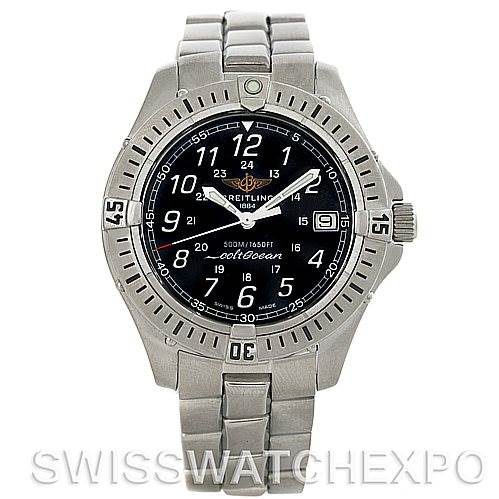 This Breitling Colt A64350 Men
s Stainless Steel Black Dial A64350 Men
s Stainless Steel Black Dial watch is shown from a front angle, displaying its face, bezel, and bracelet.