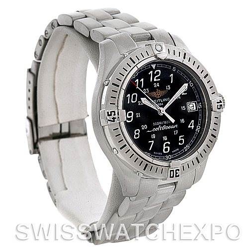 The photo shows a side and front view of the Breitling Colt A64350 Men
s Stainless Steel Black Dial A64350 Men
s Stainless Steel Black Dial model watch, highlighting its bezel, dial, and bracelet.