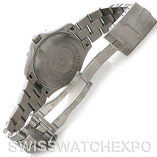 This image shows the back view and open clasp of a Breitling Colt A64350 Men
s Stainless Steel Black Dial A64350 Men
s Stainless Steel Black Dial watch, highlighting the case back and metal bracelet.