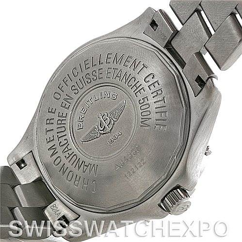 The image shows the back case and part of the bracelet of a Breitling Colt A64350 Men
s Stainless Steel Black Dial A64350 Men
s Stainless Steel Black Dial watch from an angled backside view.