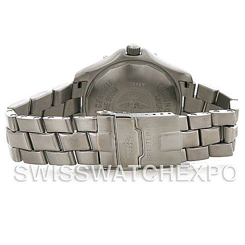 The image shows the back view of the Breitling Colt A64350 Men
s Stainless Steel Black Dial A64350 Men
s Stainless Steel Black Dial watch, highlighting the bracelet and clasp.