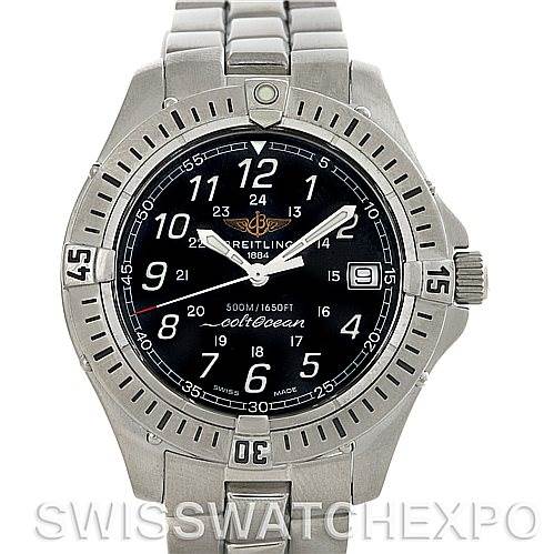The Breitling Colt A64350 Men
s Stainless Steel Black Dial A64350 Men
s Stainless Steel Black Dial model watch is shown from a front angle, displaying the dial, bezel, bracelet, and crown.