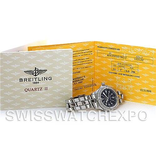 The image shows a Breitling Colt A64350 Men
s Stainless Steel Black Dial A64350 Men
s Stainless Steel Black Dial watch along with its warranty certificate and instructional booklet.