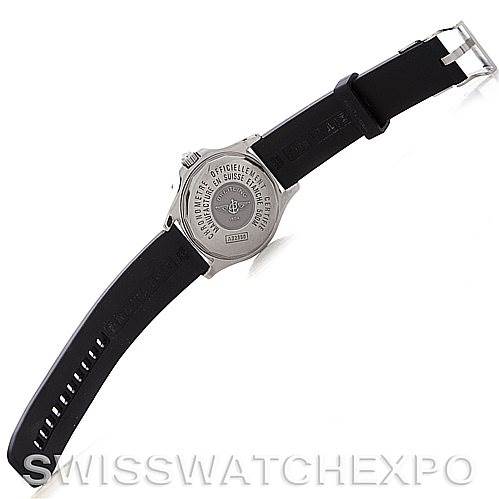 The image shows the back case and strap of a Breitling Colt A32350 Men's Stainless Steel Grey Dial A32350 Men's Stainless Steel Grey Dial watch, highlighting the engraved details on the case back.