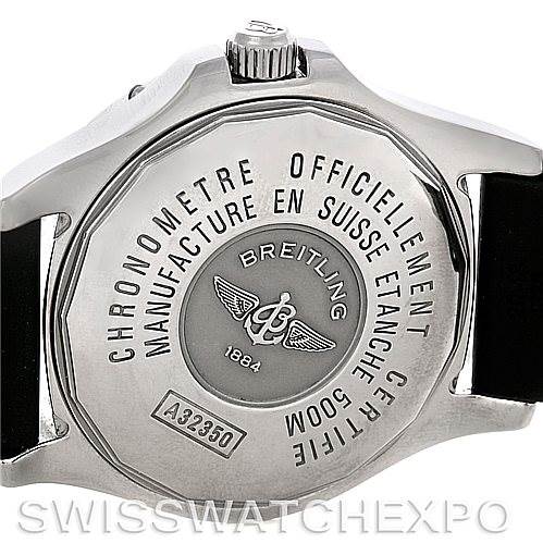 The image shows the back case of a Breitling Colt A32350 Men's Stainless Steel Grey Dial A32350 Men's Stainless Steel Grey Dial model watch, highlighting engravings and the logo.