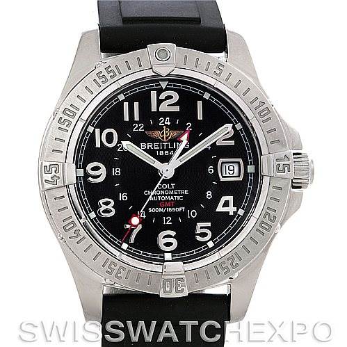 This Breitling Colt A32350 Men's Stainless Steel Grey Dial A32350 Men's Stainless Steel Grey Dial watch is shown from a front angle, highlighting its black dial, bezel, and rubber strap.