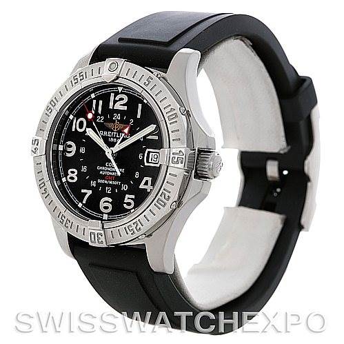 This Breitling Colt A32350 Men's Stainless Steel Grey Dial A32350 Men's Stainless Steel Grey Dial watch is shown at a three-quarter angle, displaying its bezel, black dial, crown, and black strap.