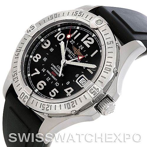 This image displays a Breitling Colt A32350 Men's Stainless Steel Grey Dial A32350 Men's Stainless Steel Grey Dial model watch at a three-quarter angle, highlighting the face, bezel, and crown, with a black rubber strap.