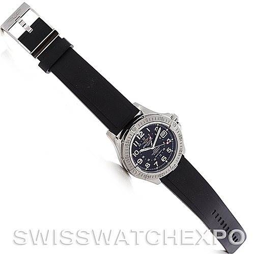 The image shows a top-down view of a Breitling Colt A32350 Men's Stainless Steel Grey Dial A32350 Men's Stainless Steel Grey Dial watch with a black strap and a stainless steel case.