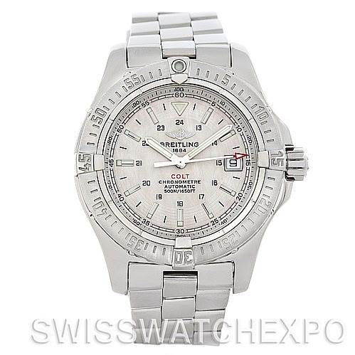 This is a front view of a Breitling Colt A17380 Stainless Steel Silver Dial A17380 Stainless Steel Silver Dial model watch, showing its case, dial, bezel, and bracelet.