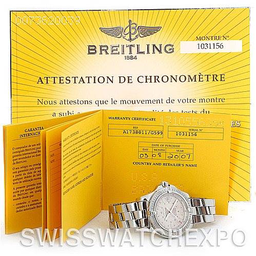 The image shows a front view of a Breitling Colt A17380 Stainless Steel Silver Dial A17380 Stainless Steel Silver Dial watch, accompanied by warranty certificates and other documentation.