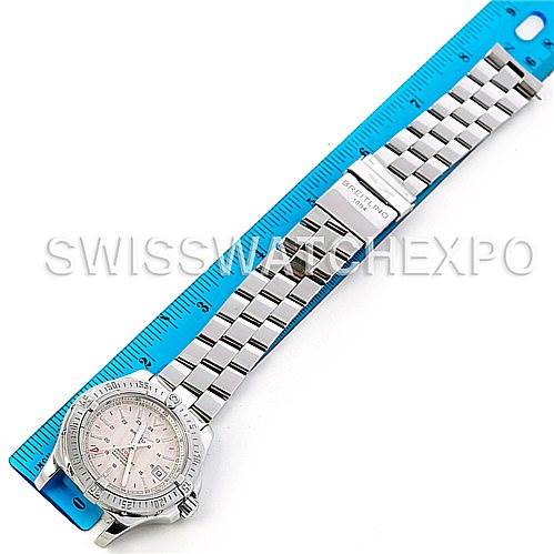 The image shows a Breitling Colt A17380 Stainless Steel Silver Dial A17380 Stainless Steel Silver Dial watch with its bracelet fully extended, placed next to a ruler.