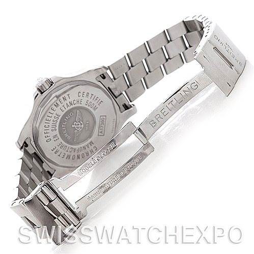 This image shows the back case and the open clasp of the Breitling Colt A17380 Stainless Steel Silver Dial A17380 Stainless Steel Silver Dial model watch, highlighting the branding and clasp mechanism.