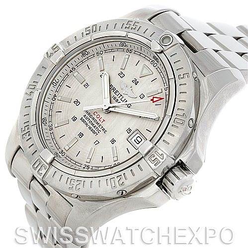 The image shows a Breitling Colt A17380 Stainless Steel Silver Dial A17380 Stainless Steel Silver Dial watch from a slight side angle, featuring its dial, bezel, and part of the bracelet.