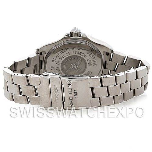 This image shows the back view of the Breitling Colt A17380 Stainless Steel Silver Dial A17380 Stainless Steel Silver Dial watch, focusing on the case back and metal bracelet.