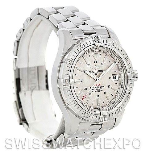 The image shows a Breitling Colt A17380 Stainless Steel Silver Dial A17380 Stainless Steel Silver Dial model watch at a three-quarter angle, displaying its face, bezel, and metal bracelet.