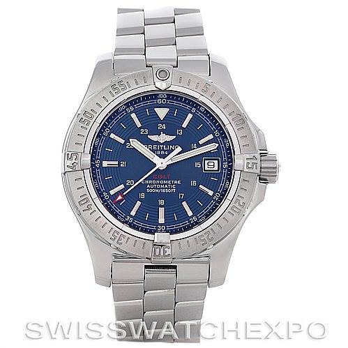 This image shows a frontal view of the Breitling Colt A17380 Men's Stainless Steel Blue Dial A17380 Men's Stainless Steel Blue Dial watch, highlighting its blue dial, bezel, and stainless steel bracelet.