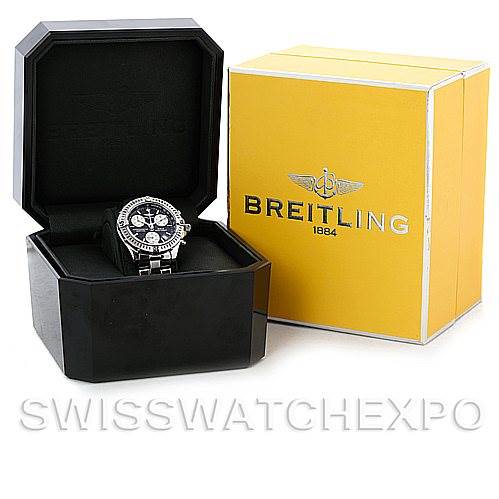 This Breitling Colt A53035 Men's Stainless Steel Black Dial A53035 Men's Stainless Steel Black Dial watch is displayed at a front angle in an open black box with a yellow Breitling box beside it.