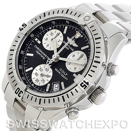 This image shows a front angle of the Breitling Colt A53035 Men's Stainless Steel Black Dial A53035 Men's Stainless Steel Black Dial watch, highlighting the dial, bezel, and chronograph sub-dials.