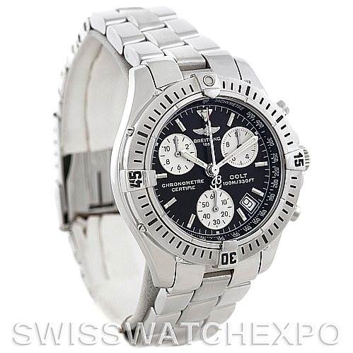 The image shows a Breitling Colt A53035 Men's Stainless Steel Black Dial A53035 Men's Stainless Steel Black Dial watch at a slight left-side angle, highlighting the watch face, bezel, and bracelet.