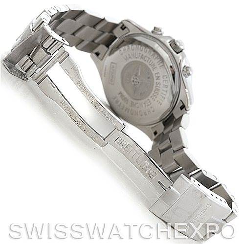 The image shows the back of a Breitling Colt A53035 Men's Stainless Steel Black Dial A53035 Men's Stainless Steel Black Dial watch and the opened stainless steel bracelet with the clasp visible.