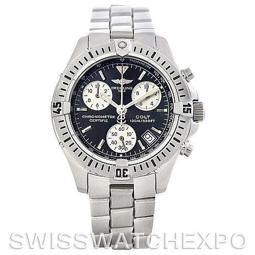 The Breitling Colt A53035 Men's Stainless Steel Black Dial A53035 Men's Stainless Steel Black Dial watch is shown from the front, displaying its face, bezel, and bracelet.