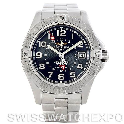 The image shows a frontal view of the Breitling Colt A32350 Men
s Stainless Steel Grey Dial A32350 Men
s Stainless Steel Grey Dial watch, highlighting its dial, bezel, and bracelet.