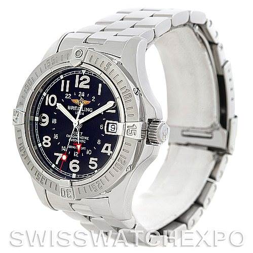 This image shows a Breitling Colt A32350 Men
s Stainless Steel Grey Dial A32350 Men
s Stainless Steel Grey Dial watch from an angled side view, displaying the face, band, bezel, and part of the clasp.