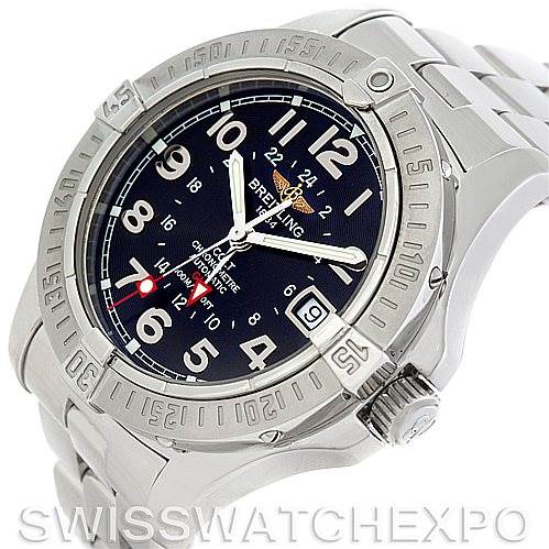 The image shows a close-up frontal view of the Breitling Colt A32350 Men
s Stainless Steel Grey Dial A32350 Men
s Stainless Steel Grey Dial watch, highlighting its watch face, bezel, crown, and part of the band.