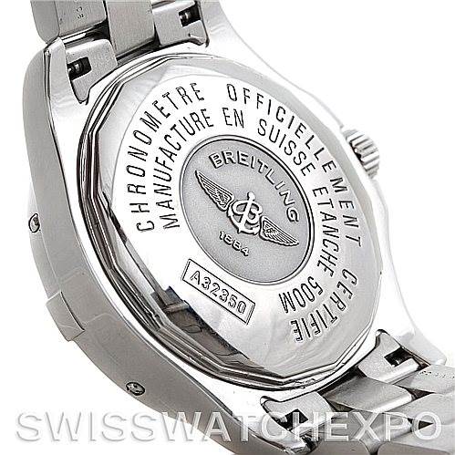 The image shows the back case and part of the bracelet of a Breitling Colt A32350 Men
s Stainless Steel Grey Dial A32350 Men
s Stainless Steel Grey Dial watch, highlighting the brand
s engraving and model details.