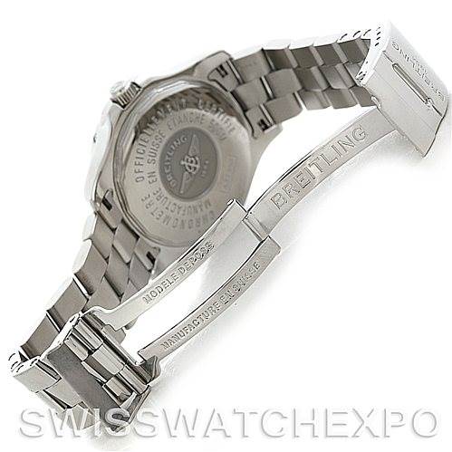 The image shows the back of a Breitling Colt A32350 Men
s Stainless Steel Grey Dial A32350 Men
s Stainless Steel Grey Dial watch, highlighting the clasp and bracelet details with the Breitling branding.