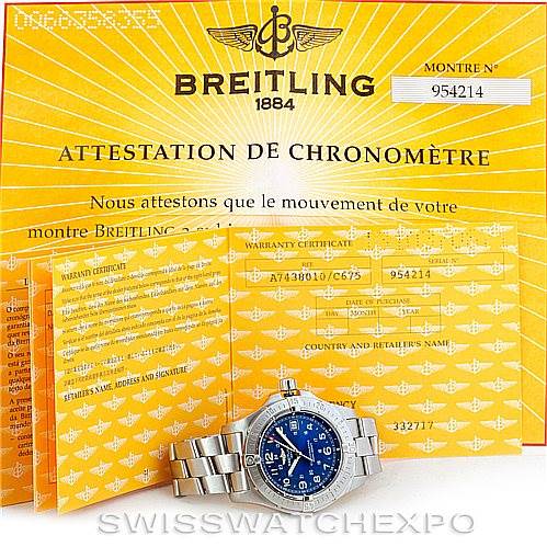 The Breitling Colt A74380 Men's Stainless Steel Blue Dial A74380 Men's Stainless Steel Blue Dial watch is displayed from the front alongside its warranty certificate and chronometer attestation.