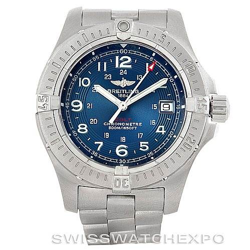 The image shows a front view of a Breitling Colt A74380 Men's Stainless Steel Blue Dial A74380 Men's Stainless Steel Blue Dial watch, displaying its blue dial, bezel, and stainless steel bracelet.
