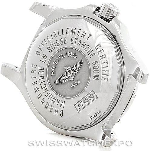 The image shows the back case of a Breitling Colt A74380 Men's Stainless Steel Blue Dial A74380 Men's Stainless Steel Blue Dial watch, highlighting the brand logo, model information, and water resistance details.