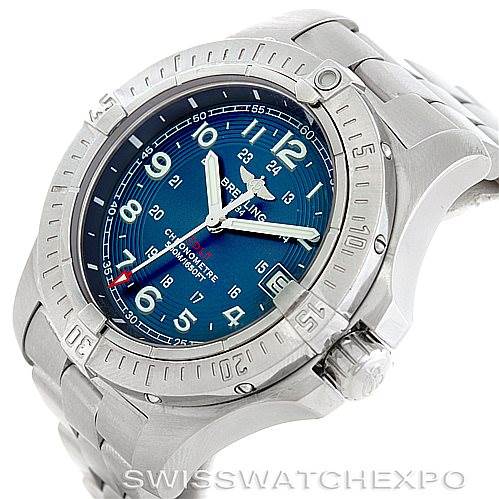 This image shows a Breitling Colt A74380 Men's Stainless Steel Blue Dial A74380 Men's Stainless Steel Blue Dial watch at a three-quarter angle, highlighting the dial, bezel, crown, and bracelet.
