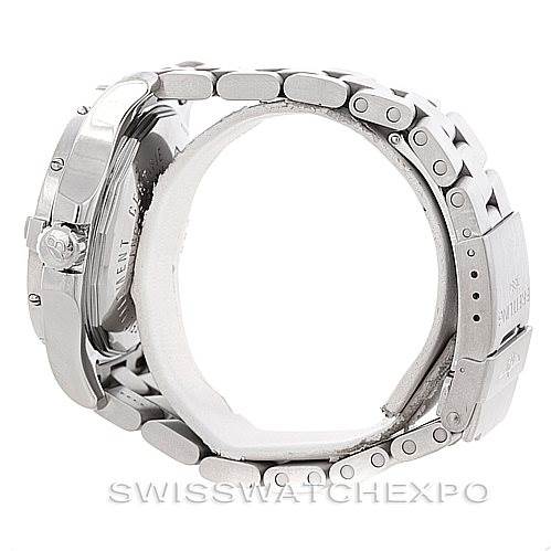 This image shows the side view of a Breitling Colt A74380 Men's Stainless Steel Blue Dial A74380 Men's Stainless Steel Blue Dial watch, focusing on the case, crown, and metal bracelet.