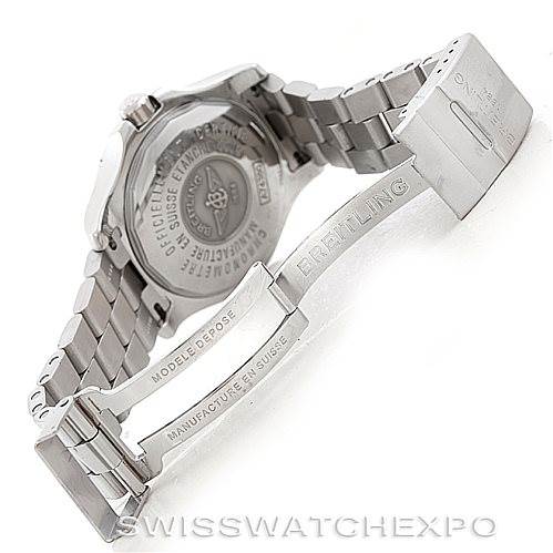 The image shows the back, clasp, and bracelet of a Breitling Colt A74380 Men's Stainless Steel Blue Dial A74380 Men's Stainless Steel Blue Dial model watch from a rear angle.