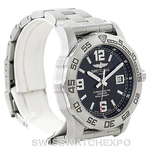 This is a side-front angle shot of a Breitling Colt A74387 Men
s Stainless Steel Black Dial A74387 Men
s Stainless Steel Black Dial watch, showing its bezel, dial, crown, and metal bracelet.