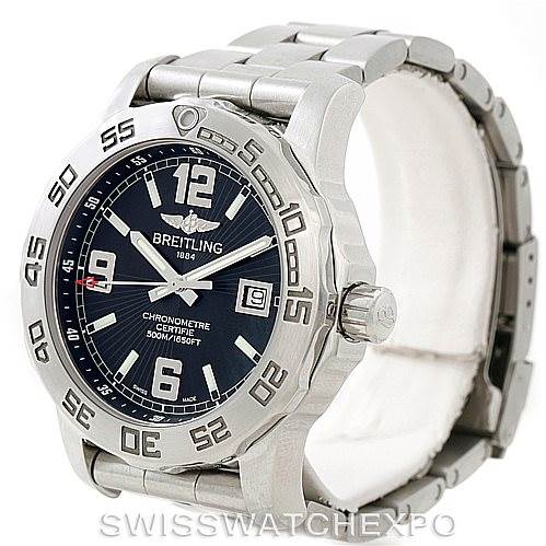 This image shows a Breitling Colt A74387 Men
s Stainless Steel Black Dial A74387 Men
s Stainless Steel Black Dial watch with a stainless steel band, face, bezel, and crown, captured at a slight angle from the front.